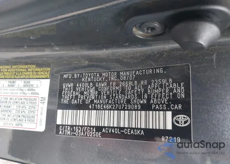 2007 Toyota Camry Se from USA, damaged, VIN 4T1BE46K27U729089